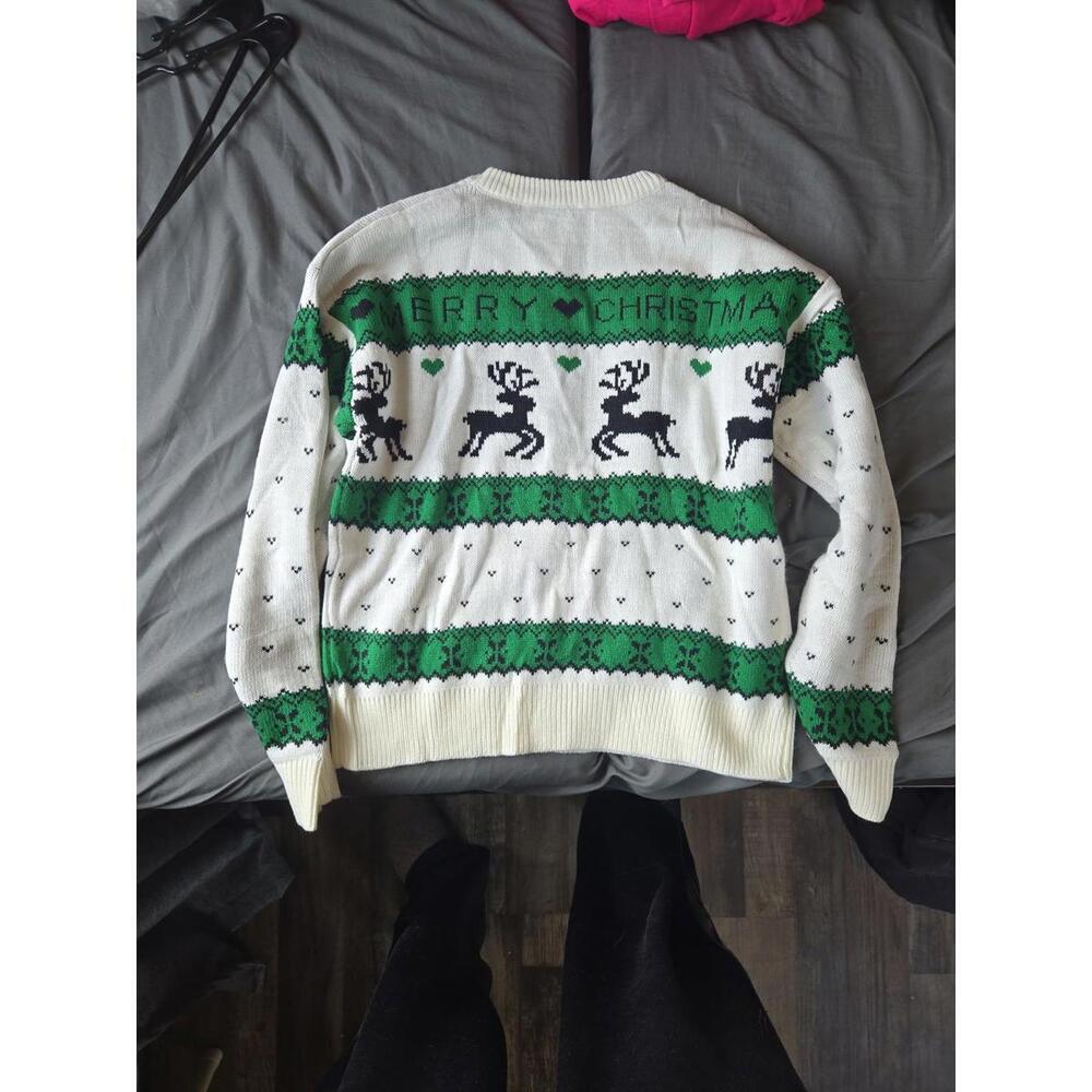Festive Merry Christmas Reindeer Knit Sweater - Green and White - Picture 2 of 2